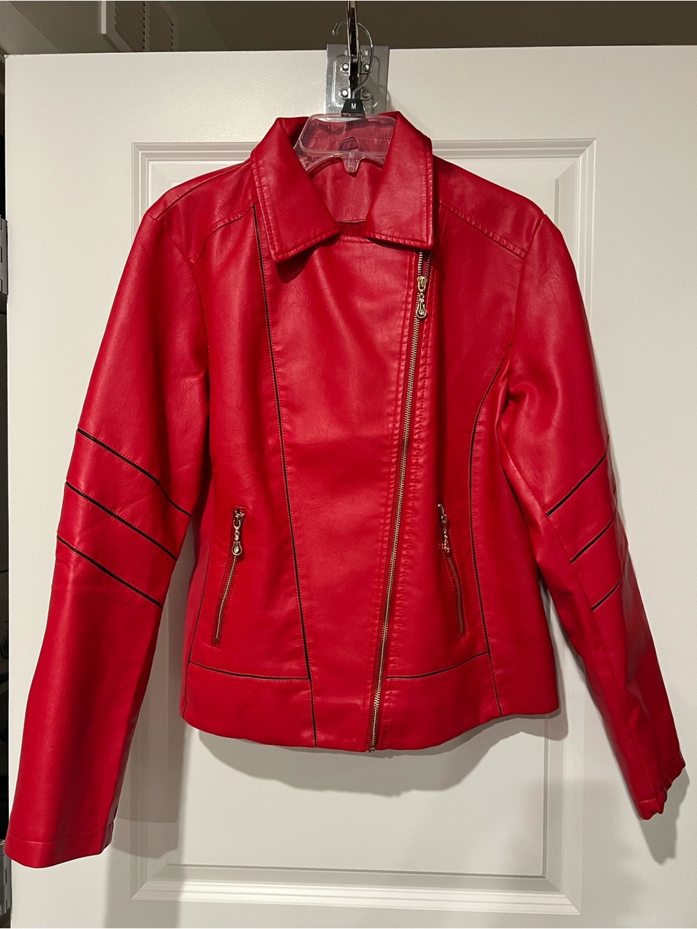 Women's Red Faux Leather Moto Jacket with Zip Pockets
